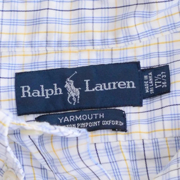 90S Ralph Lauren Yarmouth 100% Cotton Pinpoint Oxford Blue  & Yellow Plaid Shirt - Picture 11 of 12